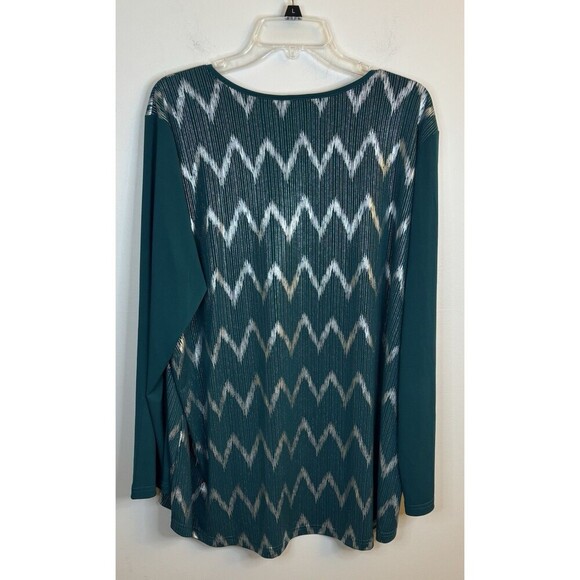 BOB MACKIE Chevron Hi-Low Knit Top Women 2X Green Tie Neck Metallic Party Blouse - Picture 4 of 12